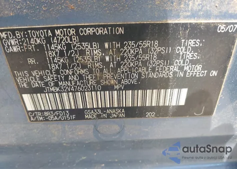 2007 Toyota Rav4 Sport V6 from USA, damaged, VIN JTMBK32V476023110